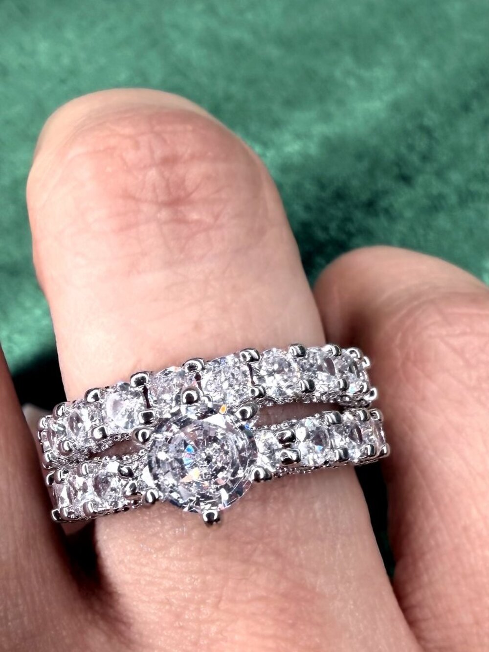 High Carbon CZ Round Solitaire Ring Set of 2 14K White Gold Plated Size 7